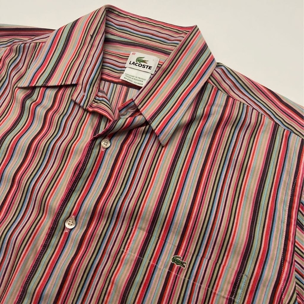 Lacoste Mens Shirt Size 40 Multicolor Striped Long Sleeve Embroidered Logo